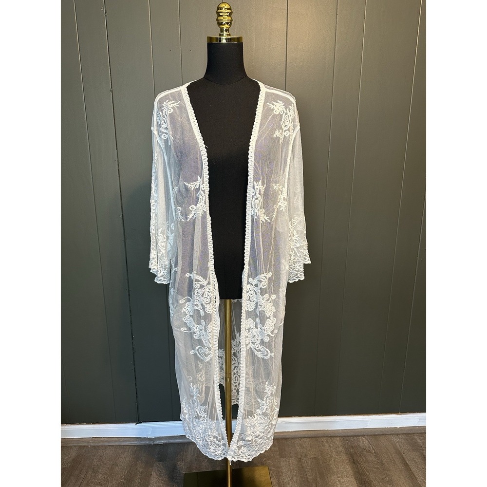 Ivory Lacy Short Sleeve Floral Kimono‎ Coverup Boho Hippie M Medium